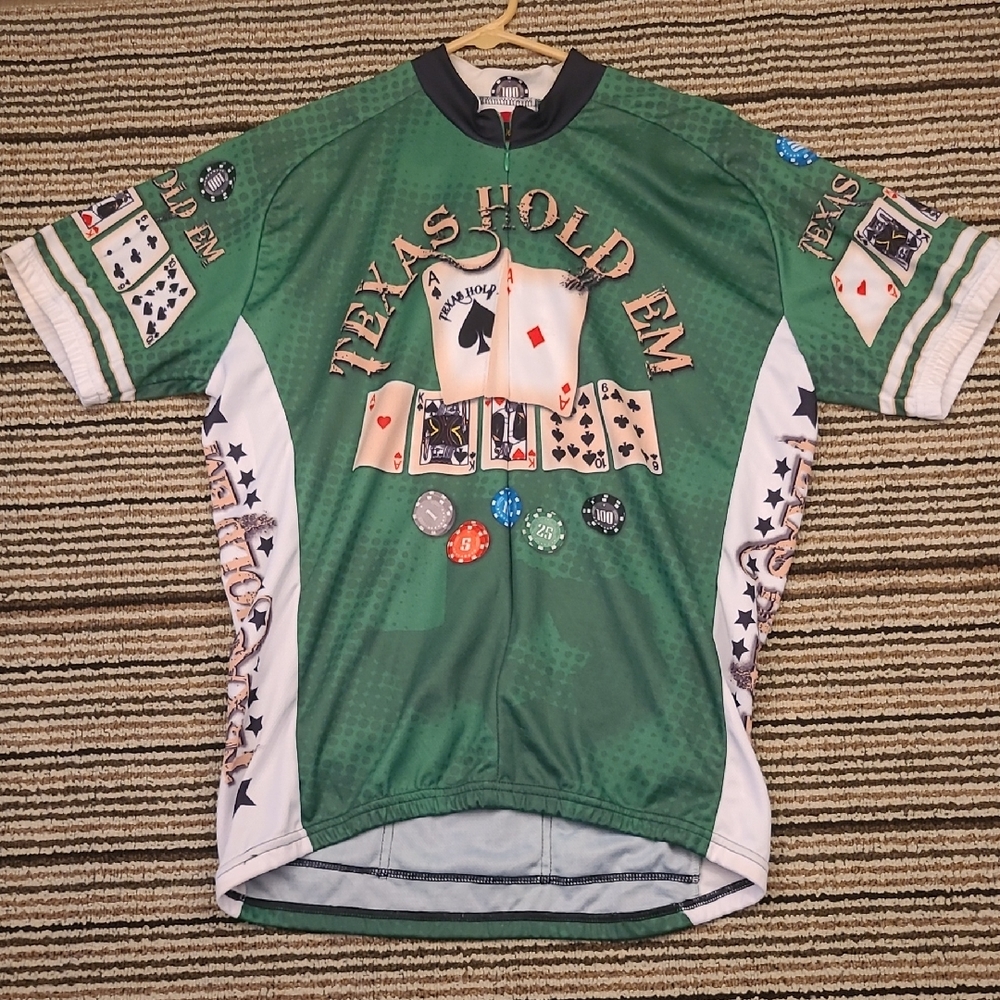 TEXAS HOLDEM Poker World Jerseys Green Polyester Mens Cycling Jersey Sz L